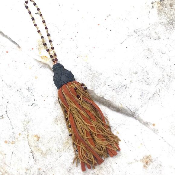 Tan & Orange leather Fan Pull or furniture Tassel Pull with ornate gray top VTG - Picture 12 of 13